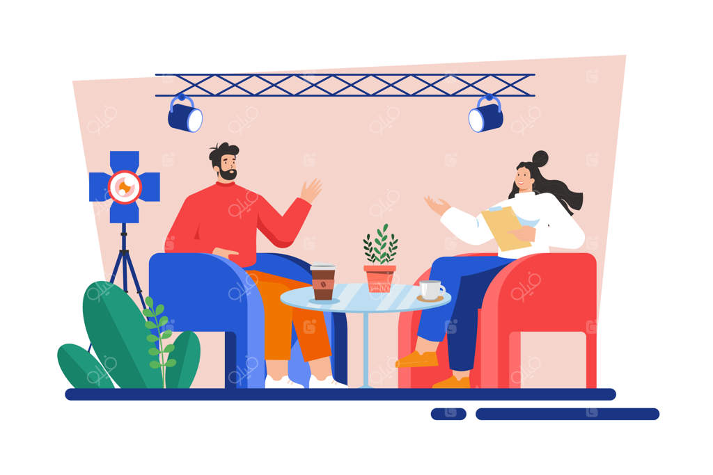 مفهوم تصویر مصاحبه زنده با زن خبرنگار در استودیو روی زمینه سفید