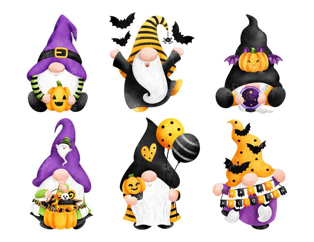 مجموعه‌ای از تصاویر آبرنگی کوتوله‌های بامزه هالووین