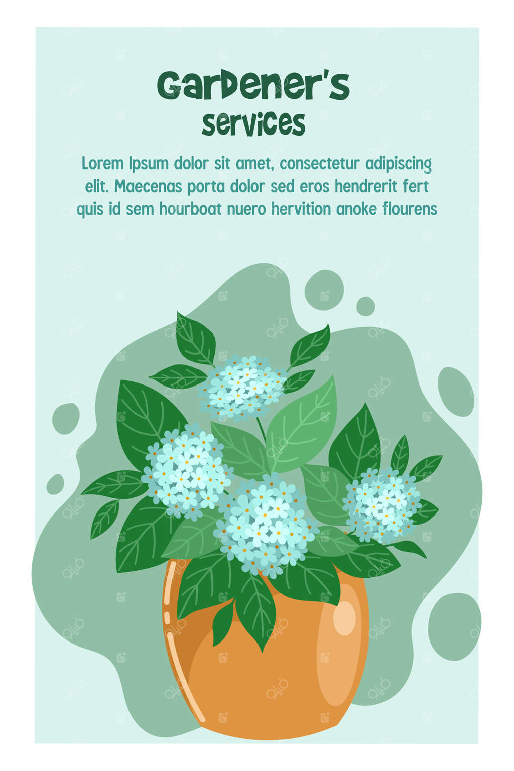تراکت تبلیغاتی: خدمات باغبانی. گلدان هورتانسیا آبی