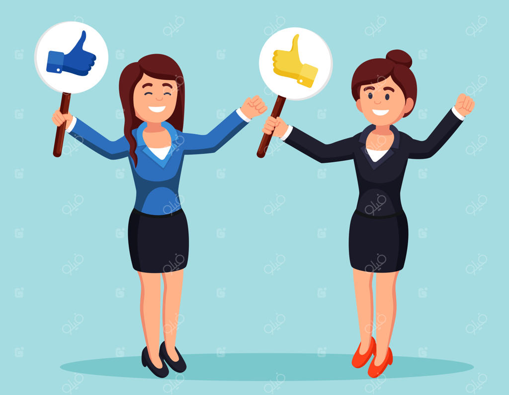 گروهی از زنان کسب‌وکار با نشان دادن تائید. شبکه‌های اجتماعی، نظر مثبت، نظرات و بازخورد مشتری.