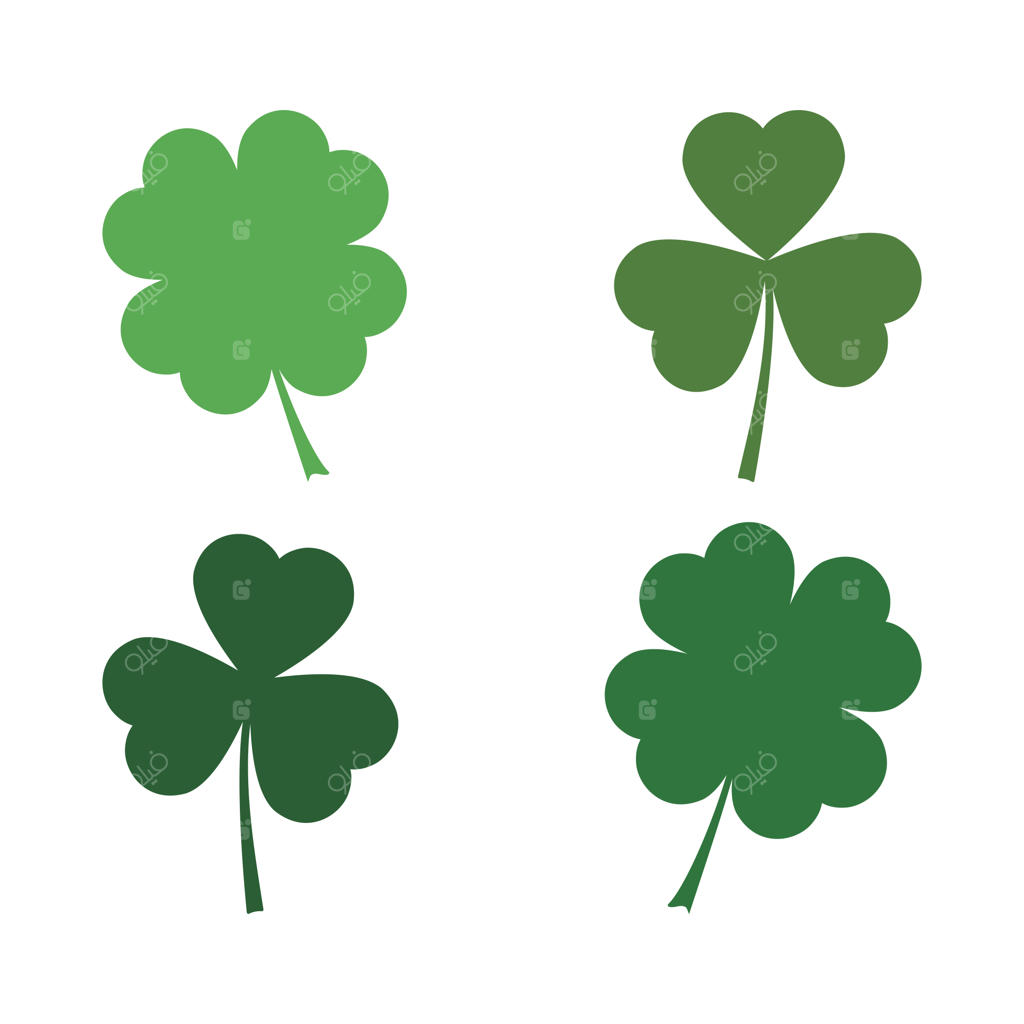 مجموعه آیکون شبدر و نماد خوش‌شانسی ایرلندی ویژه روز سنت پاتریک، وکتور برگ‌های سبز