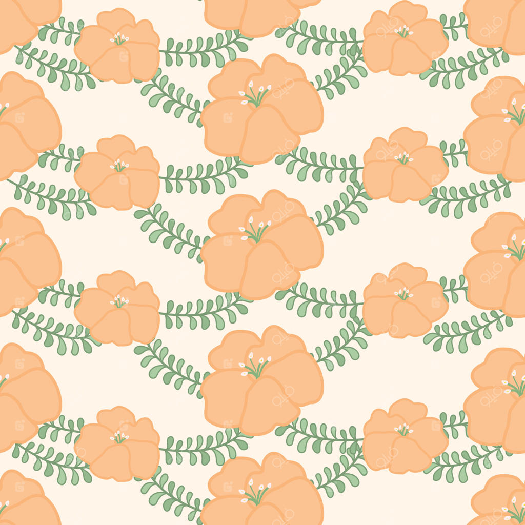 پترن ساقه گل‌ها و برگ‌های نارنجی پاستلی - باغ گرم با طرح گیاهی یکپارچه. طبیعت گلخانه‌ای بهار و تابستان را فرا می‌خواند. دکوراسیون، کاغذ دیواری، طراحی دست‌کشیده، کارتونی، جذاب و چاپ‌ها.