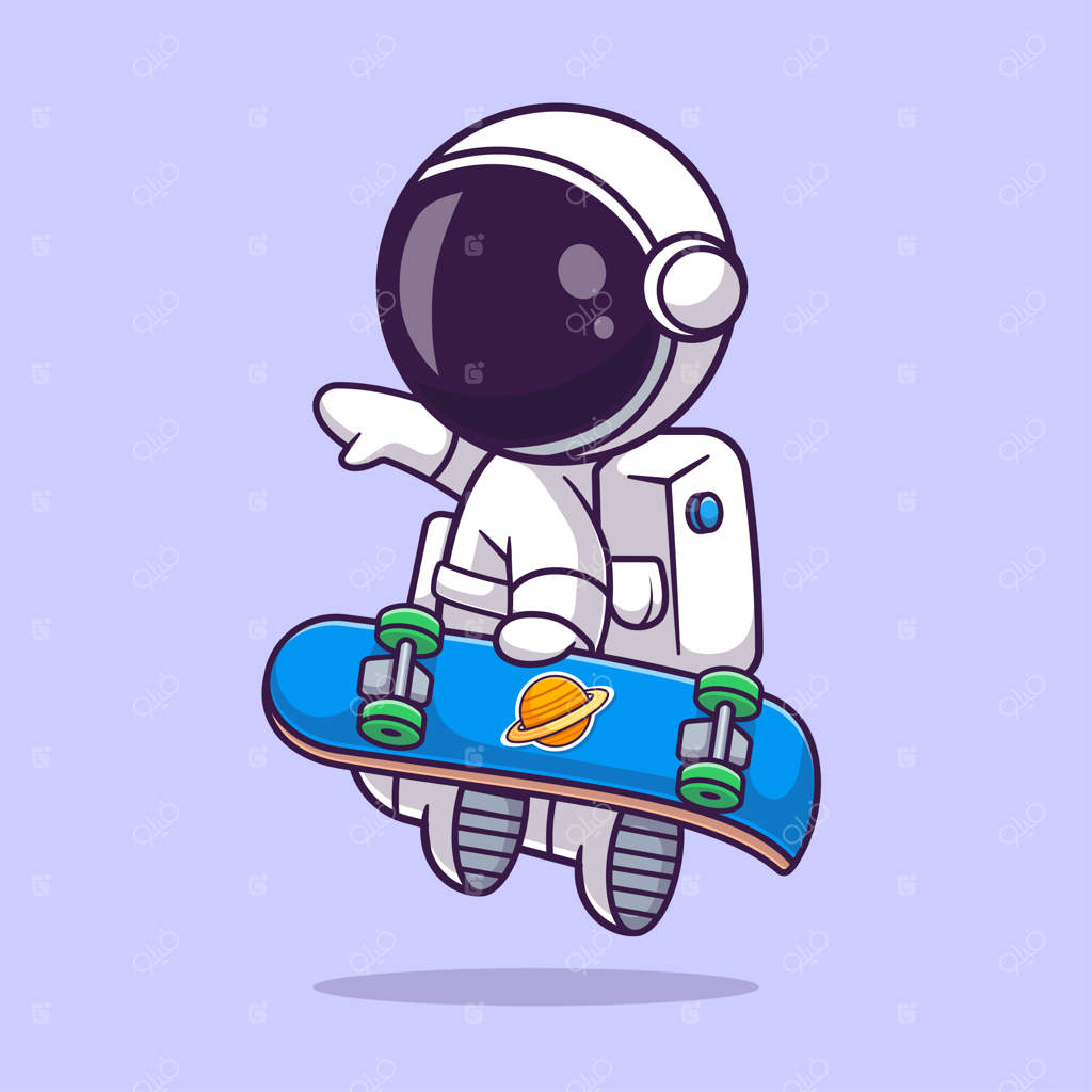 آیکون وکتور کارتونی فضانورد بامزه در حال بازی با اسکیت‌برد. آیکون ورزشی علمی به صورت تخت و مجزا