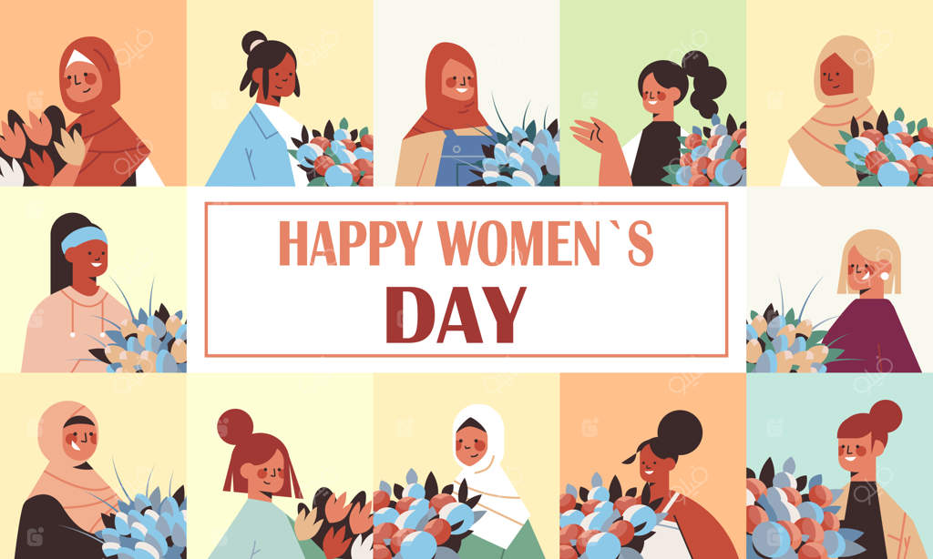 گروهی از زنان با نژادهای مختلف و گل‌ها، جشن روز زن ۸ مارس - تصویر افقی