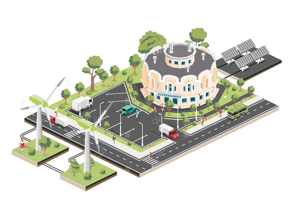 مرکز خرید ایزومتریک با پنل‌های خورشیدی و توربین بادی: بخش اینفوگرافیک. ساختمان سوپرمارکت همراه با مردم، کامیون‌ها و درختان سبز.