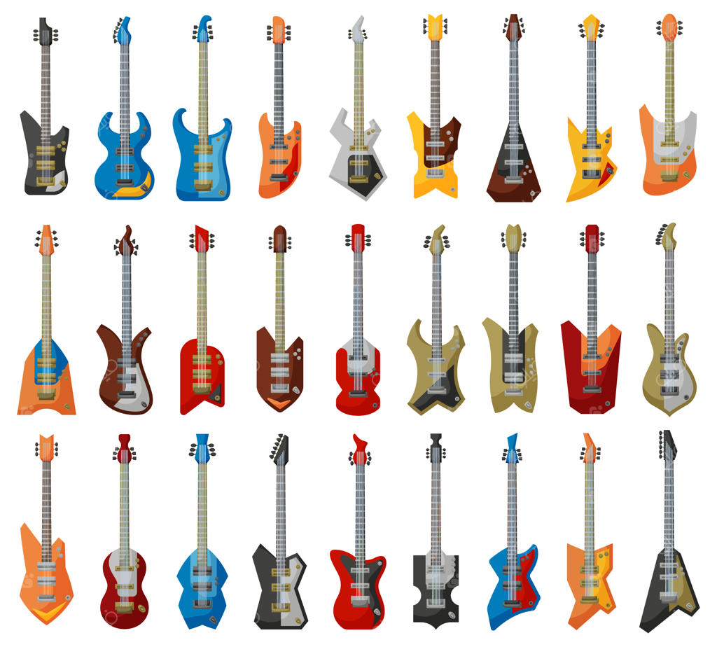 تصویرسازی گیتار الکتریک: مجموعه‌ای کارتونی از آیکون‌های ساز موسیقی.
