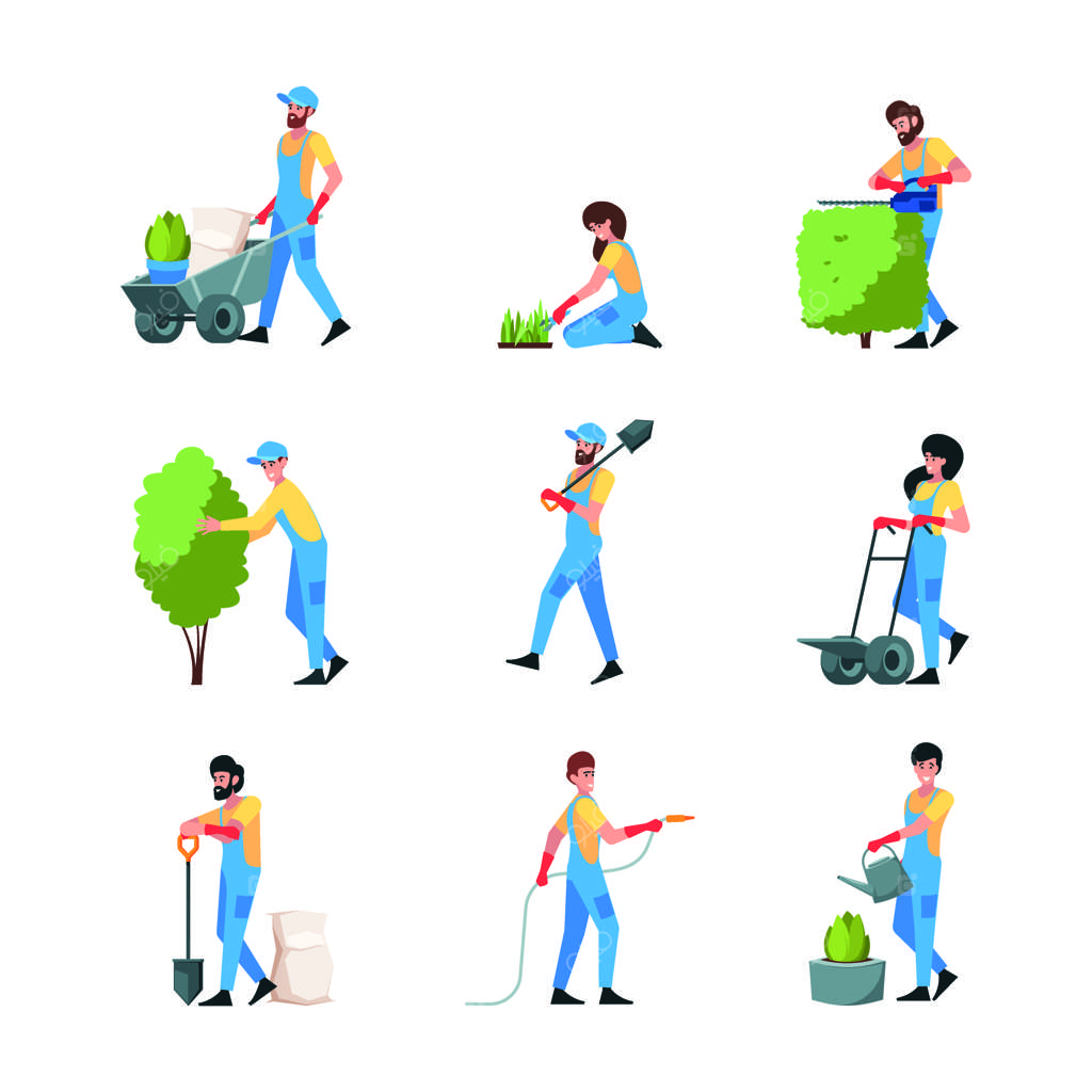 کشاورزی: باغبانان، رشد میوه‌ها، درختان و سبزیجات، کشاورزان، کارگران - تصاویر وکتور ساده و رنگارنگ