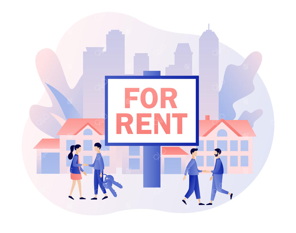 مفهوم کسب و کار املاک و مستغلات: تابلو بزرگ خانه برای فروش با خانه‌های کوچک و مشاوران املاک یا کارگزاران