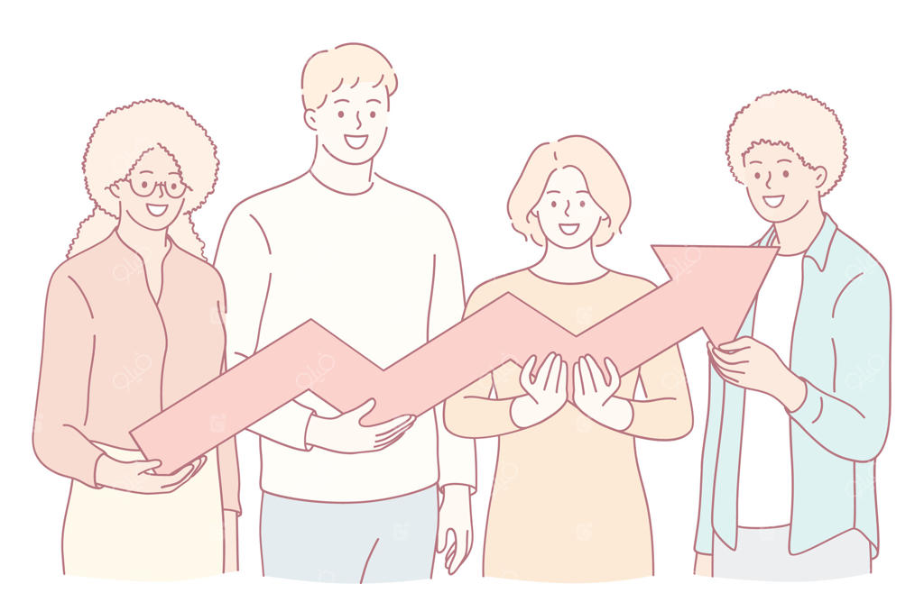 یک تیم متنوع در حال نمایش نماد پیکان رشد که نمادین جاه‌طلبی‌هایشان است