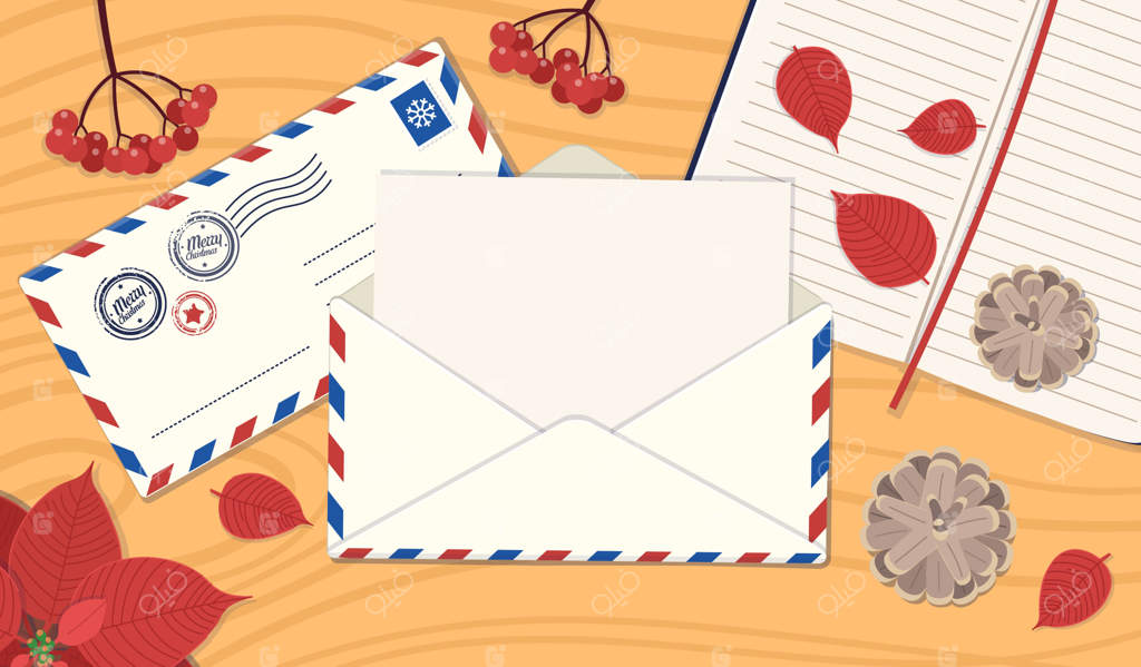 پاکت باز شده با نامه روی میز: میزی با پاکت پستی همراه با نامه، دفترچه، گل شب یلدا، میوه کاج و انار. ایده‌ای برای ارسال نامه یا کارت تبریک به دوستان.