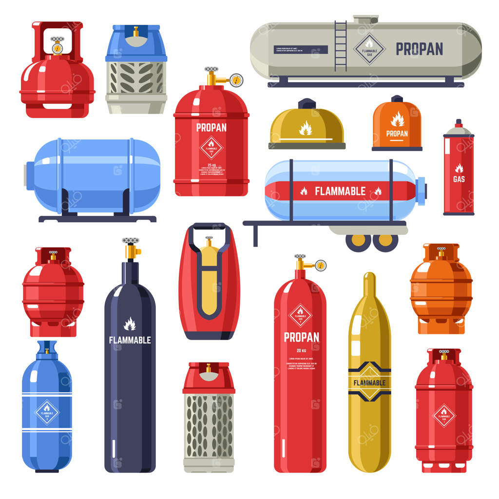 سیلندرها و مخازن فلزی حاوی گاز و نفت. مواد شیمیایی برای شارژ وسایل نقلیه و ذخیره‌سازی سوخت برای مصارف خانگی و صنعتی. تصویرسازی وکتور به سبک فلت.