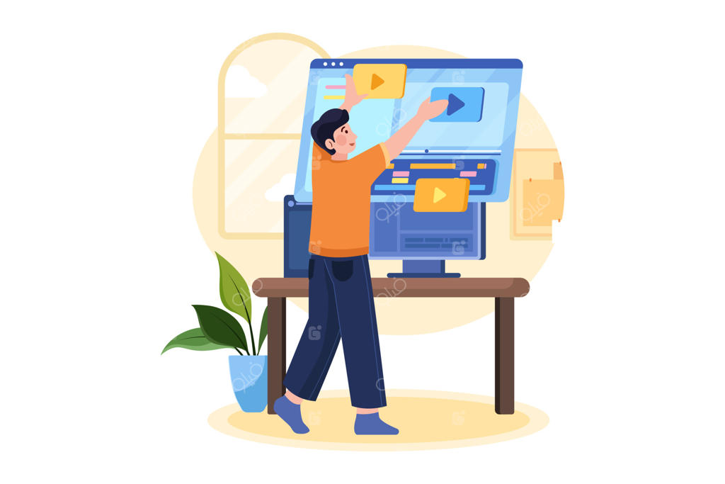 تصویرسازی مفهومی ویرایشگر ویدیو با پس‌زمینه سفید