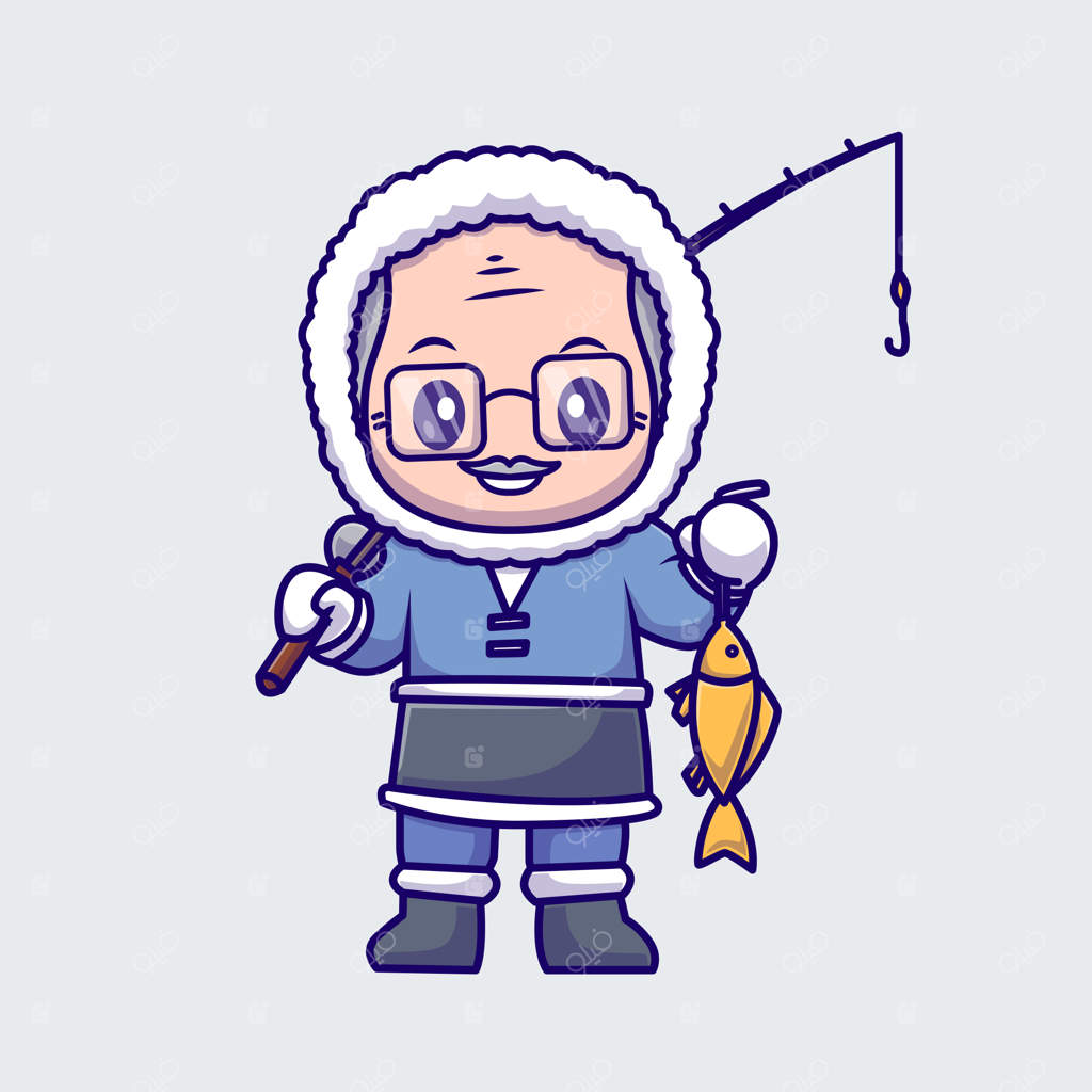 کارتون آیکون مرد مسن بامزه در حال ماهیگیری با کاپشن زمستانی