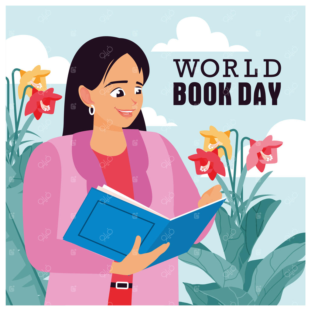 کتاب‌خوانی بانویی در باغ گل: گرامیداشت روز جهانی کتاب با طرحی مدرن.