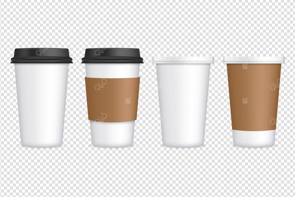 مجموعه‌ لیوان‌های کاغذی قهوه روی زمینه شفاف