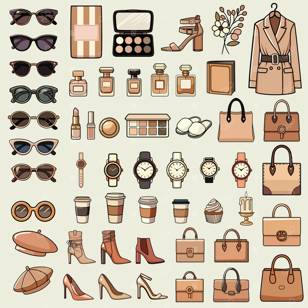 مجموعه مد و سبک زندگی مدرن با لوازم جانبی شیک، لوازم آرایش، بطری‌های عطر، کیف‌های دستی، عینک آفتابی، کفش‌ها، فنجان قهوه و موارد دیگر در رنگ‌های خنثی و زمینی