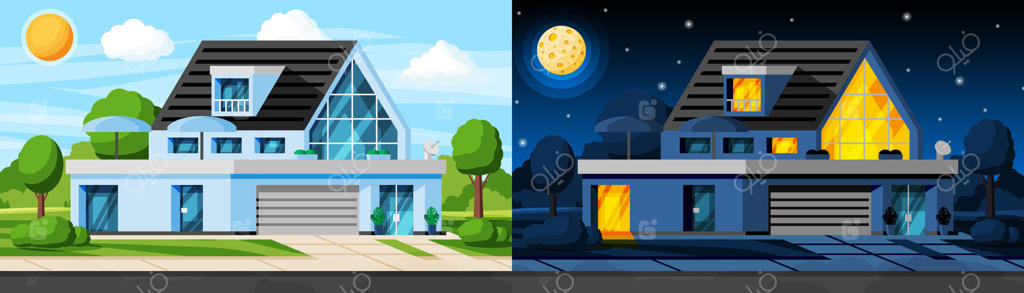 منظره‌ای از کلبه مسکونی یا ساختمان روستایی. چرخه روز و شب. نما با درختان و باغ در حیاط جلویی. خانه مدرن در حومه شهر. تصویر سازی کارتونی و ساده