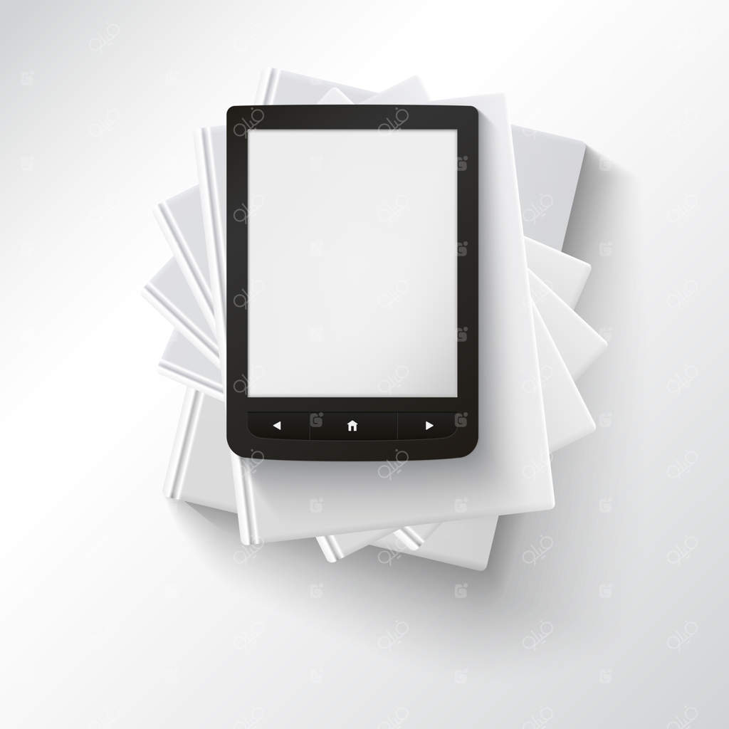 توده‌ای از کتاب‌های خالی با کتاب الکترونیکی، نمای بالا: کتاب‌های مختلف خالی روی زمینه سفید برای طراحی و ارائه، نماد آموزش