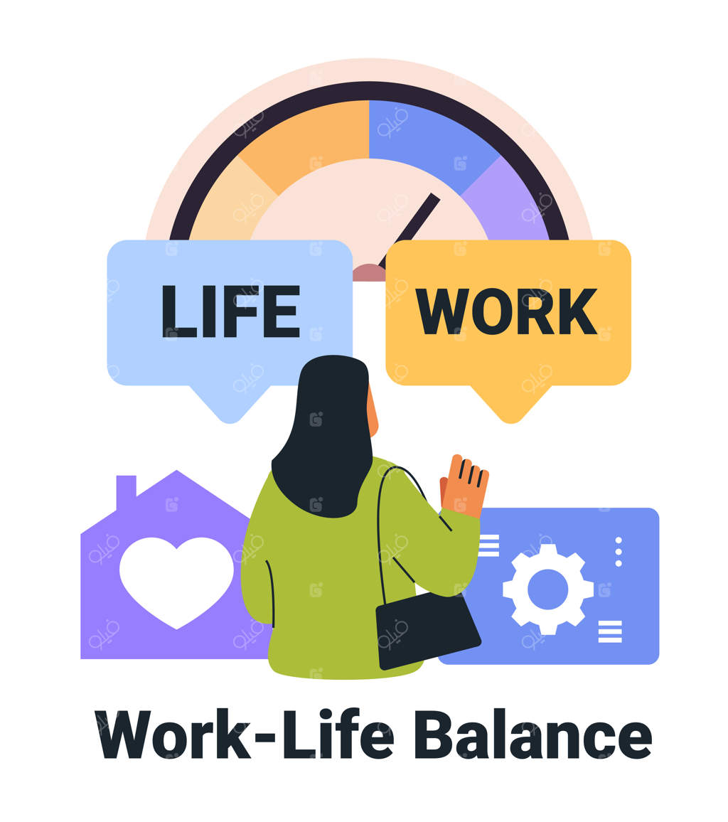 تعادل کار و زندگی: زنی بین شغل و زندگی خانوادگی انتخاب می‌کند، نمودار رنگارنگ و دیالوگ‌ها