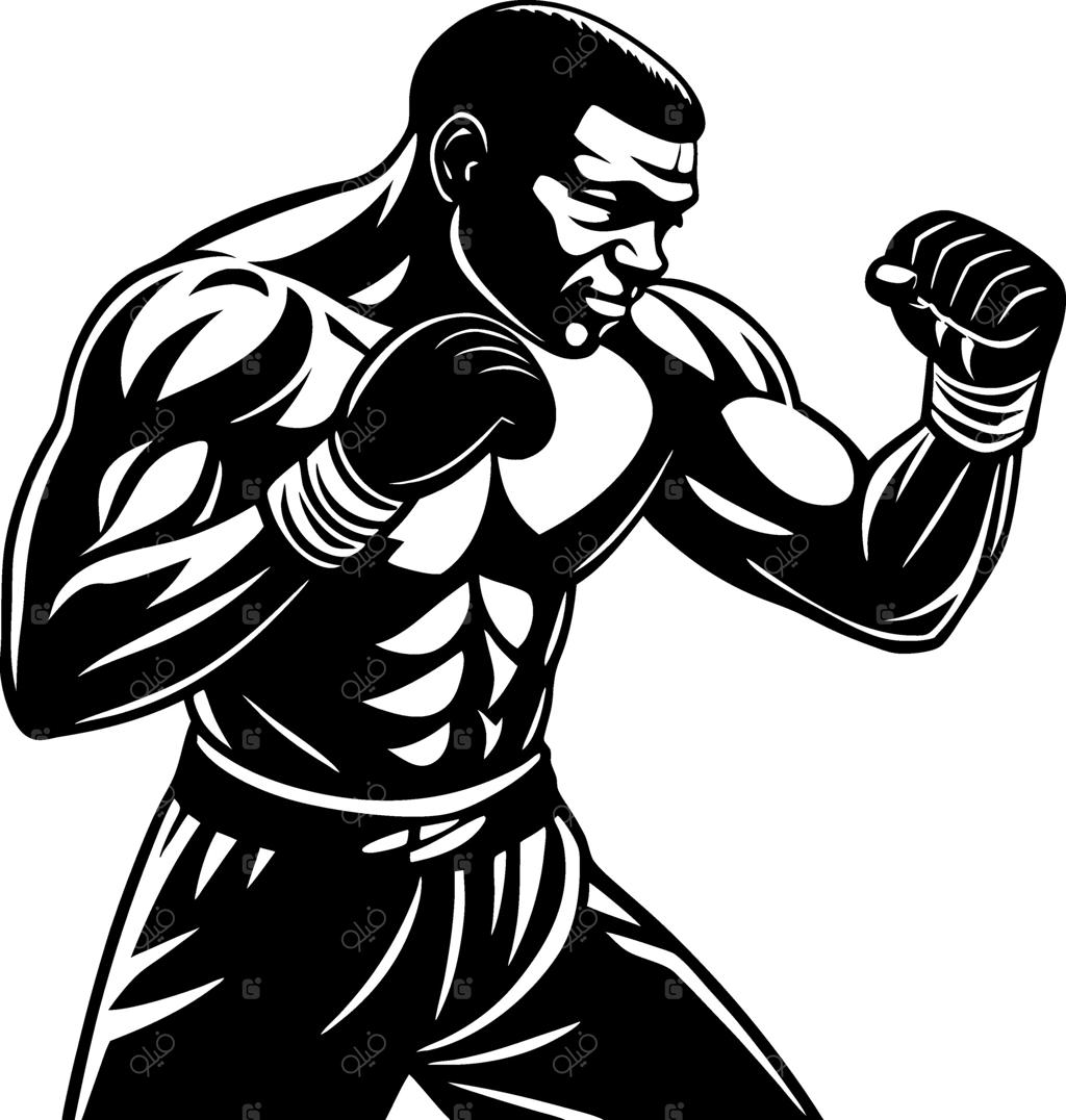 تصویرسازی پویا و قدرتمند از بوکسور عضلانی در گارد مبارزه