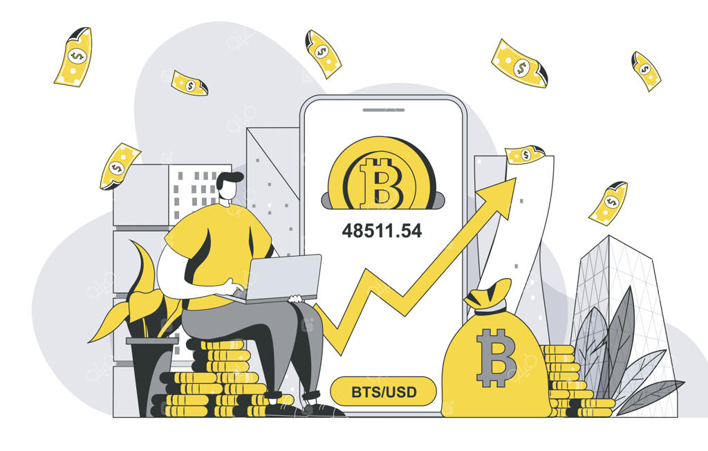 مفهوم سرمایه‌گذاری در ارزهای دیجیتال با صحنه‌ای از یک مرد که بیت‌کوین می‌خرد و درآمدش را افزایش می‌دهد