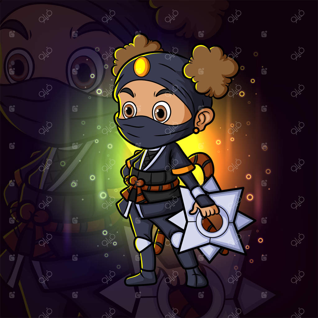 طراحی لوگو ماسکات ورزشی دختر نینجای فرفری با شوریکن بزرگ