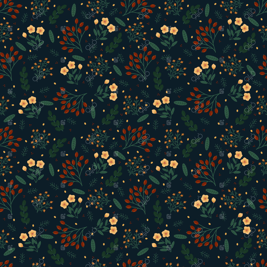 طراحی برداری یکپارچه گل‌های باغ، گیاهان، و بوتانیک برای مد، پارچه، کاغذ دیواری و تمام چاپ‌ها روی زمینه تیره. پترن جذاب با گل‌های کوچک و رنگارنگ.