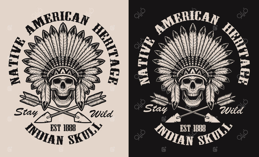 تصویرسازی جمجمه سرخ‌پوست با تاج پَر