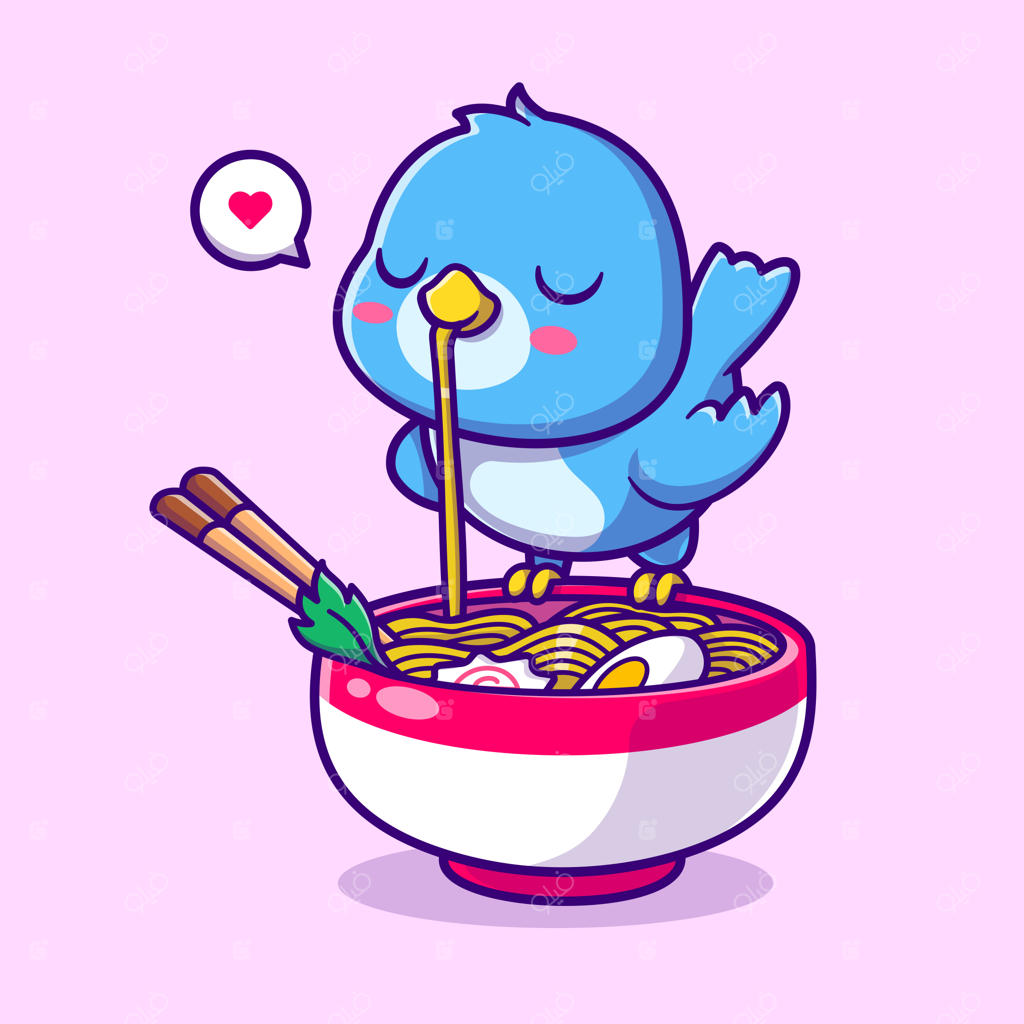 تصویر کارتونی پرنده بامزه در حال خوردن نودل رامن - آیکون وکتور غذا برای حیوانات