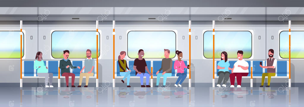 افراد درون قطار مترو - مسافران با نژادهای مختلف نشسته در حمل و نقل عمومی