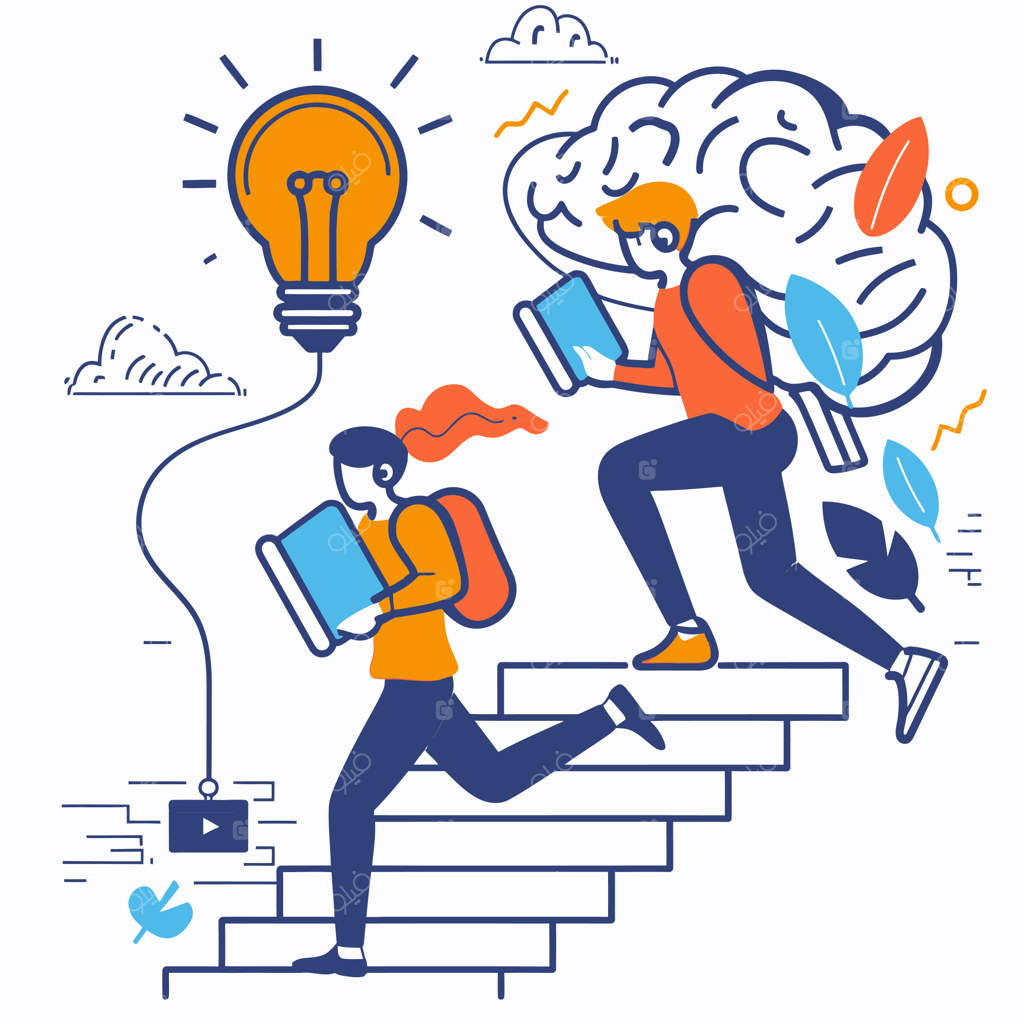 تصویری از مغزی که از پله‌ها بالا می‌رود با مردی که کتاب‌ها و مغزی را بر بالای پله‌ها حمل می‌کند