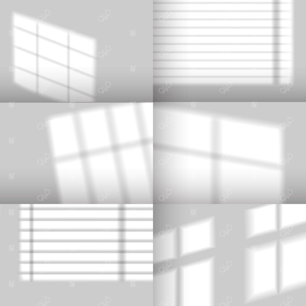 سایه‌های پنجره: افکت سایه واقعی پرده کرکره‌ای. نور طبیعی خورشید روی دیوارها برای صحنه‌های محصول، مجموعه وکتوری. بازتاب نور روی دیوار خالی خاکستری.