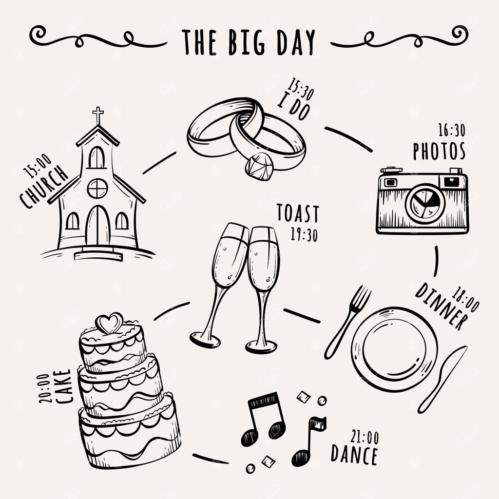 مجموعه آیکون‌های طراحی دستی ازدواج و کلکسیون المان‌های عروسی با طرح عروس، عشق و جشن