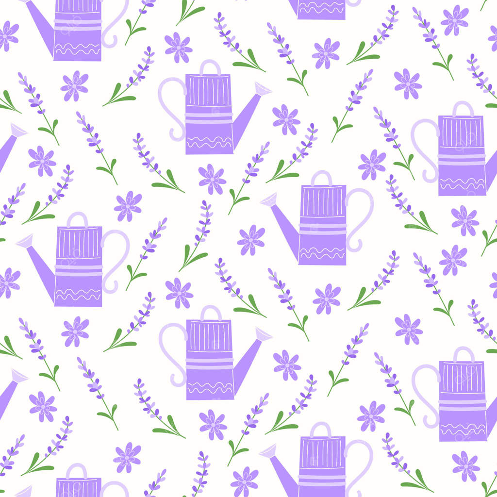 پترن یکپارچه با آب‌پاش بنفش باغ، طراحی هندسی و شاخه‌های اسطوخودوس با گل‌های بنفش در پس‌زمینه سفید