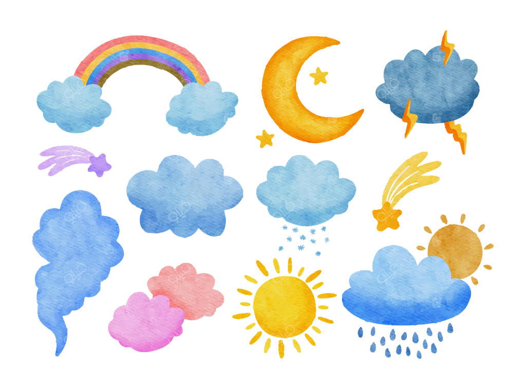 تصویرسازی آب‌رنگی آب‌وهوا: رنگین‌کمان، ابرهای بارانی، خورشید، ماه، ستاره، رعد و برق، باد