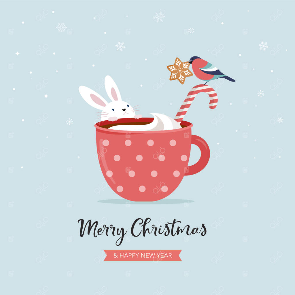 صحنه‌ای زمستانی با حیوانات بامزه جنگلی، خرگوش و گنجشک و فنجان هات چاکلت، ایده‌آل برای بنر، کارت تبریک، طراحی لباس و برچسب.