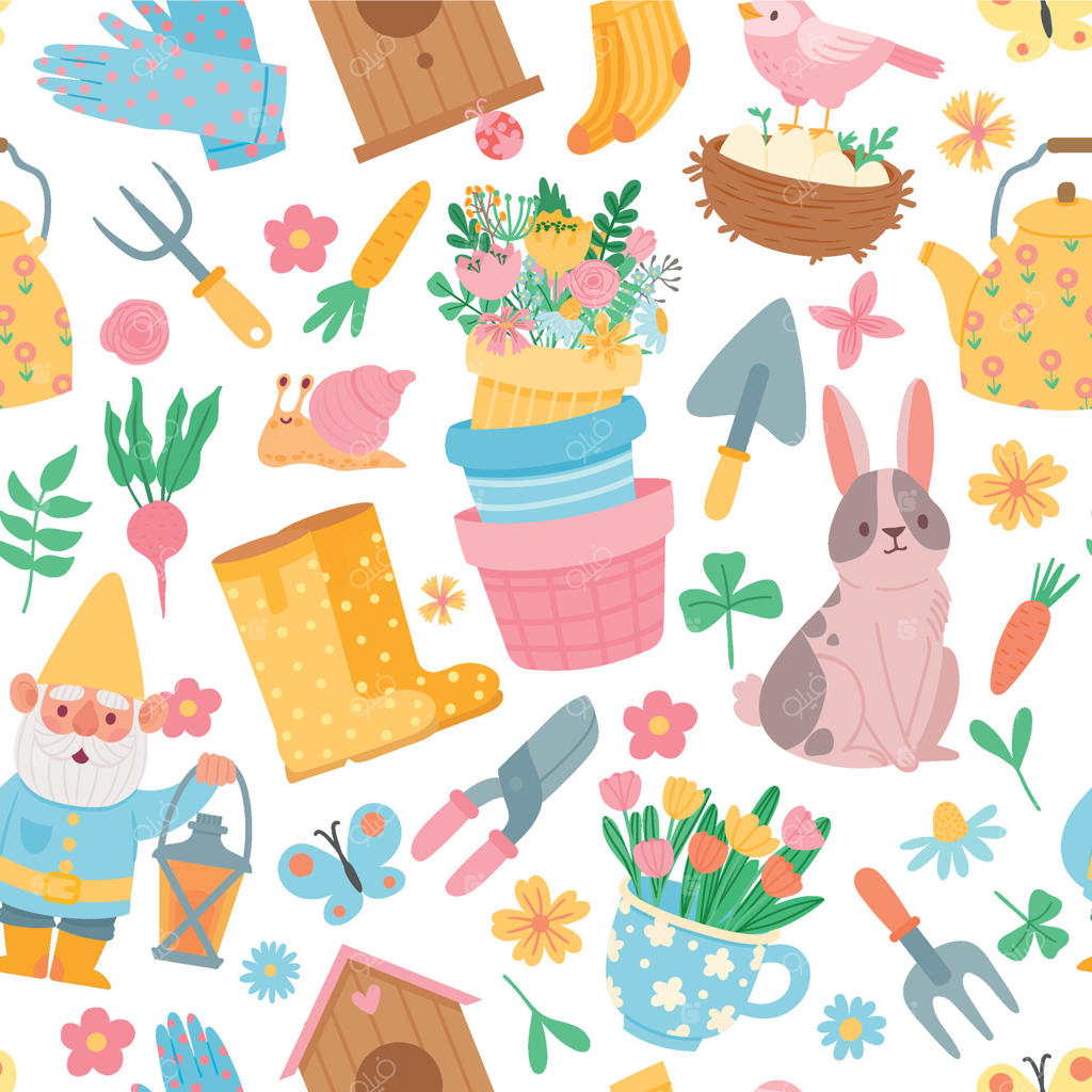 پترن یکپارچه بهاری: ابزارهای باغبانی، گلدان‌های گل، سبزیجات، خرگوش، کوتوله و لانه پرنده. طرح وکتور جذاب باغبانی