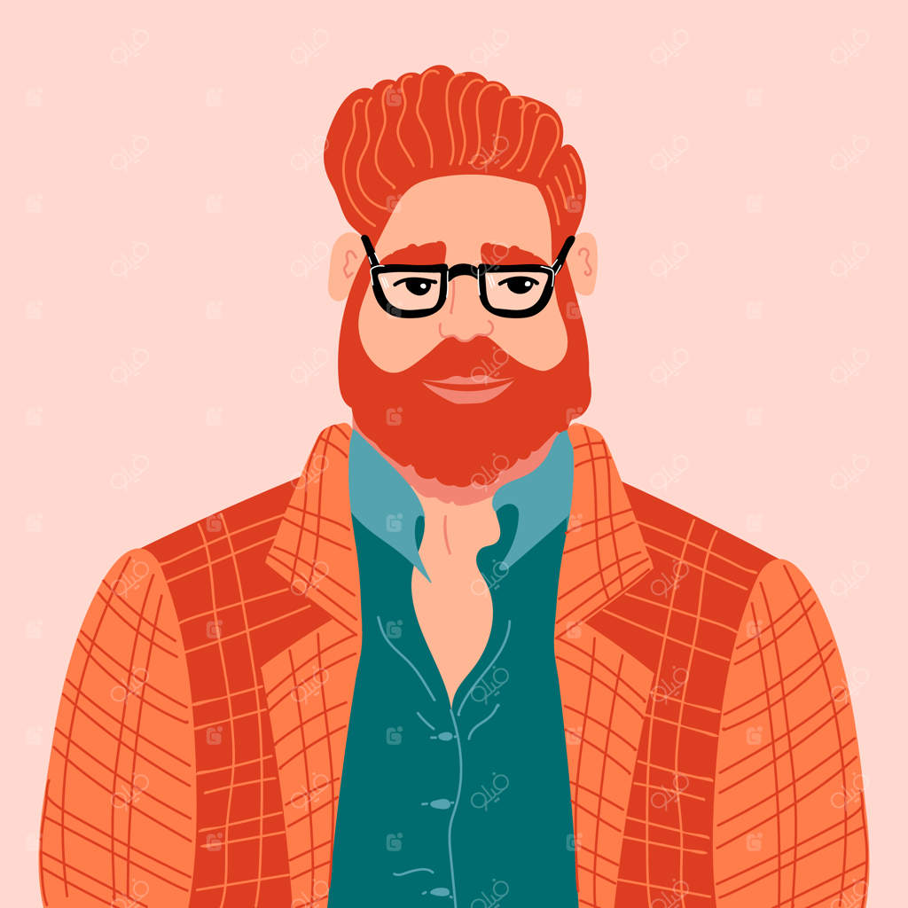 پرتره‌ای از مردی با مو و ریش قرمز، عینک، پیراهن فیروزه‌ای و ژاکت قرمز.