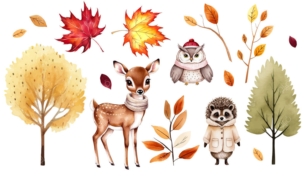 جنگل پاییزی: حیوانات جنگلی با لباس‌های گرم. درختان و گیاهان پاییزی. جغد، جوجه تیغی، گوزن