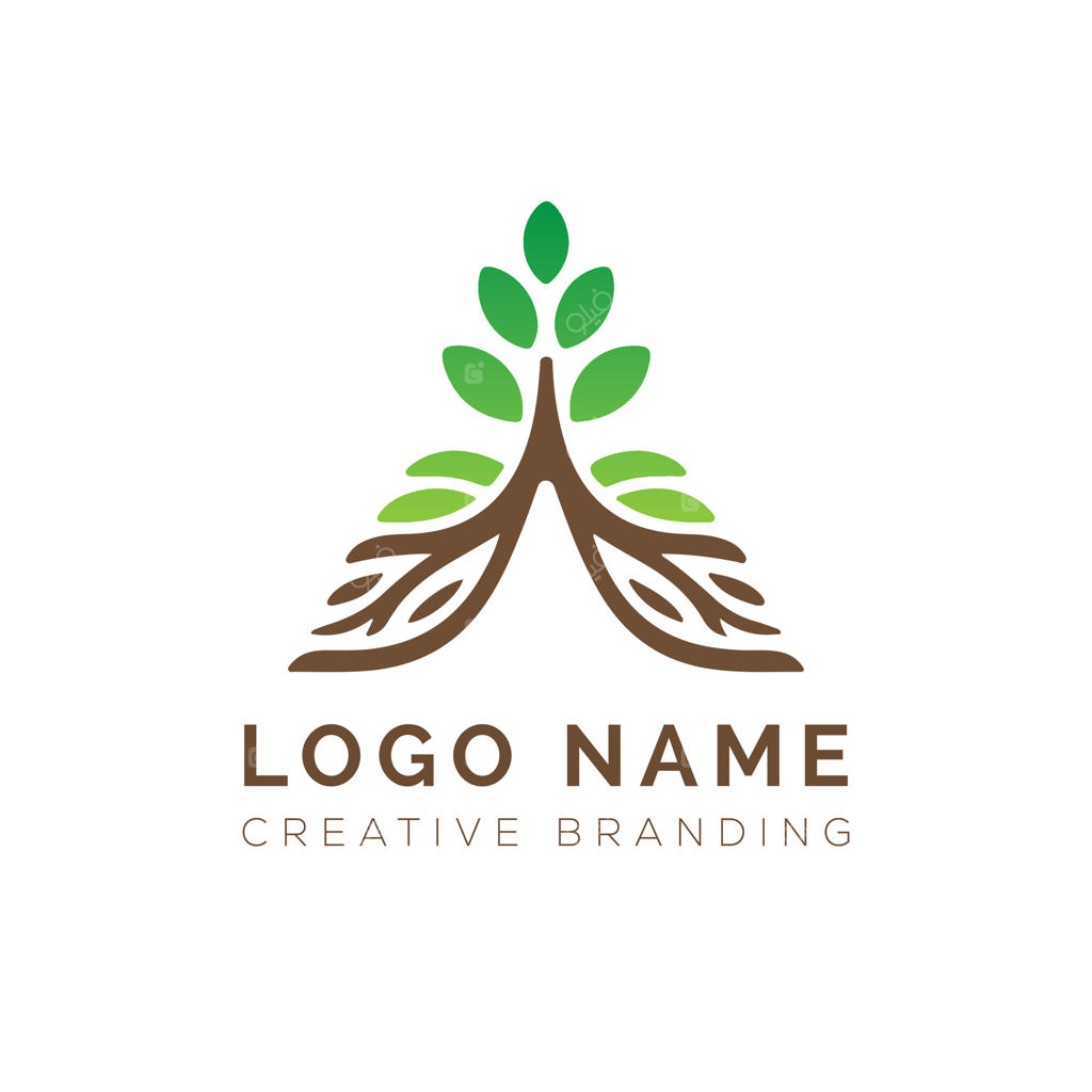 لوگوی درخت انتزاعی با برگ‌ها و ریشه‌ها