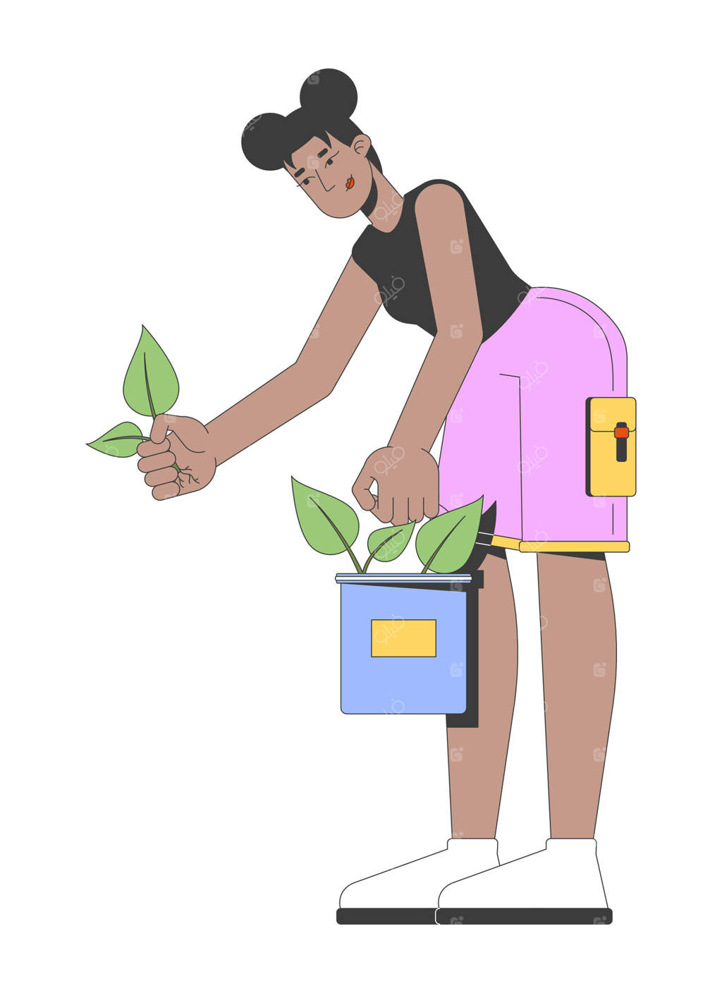 زن آفریقایی-آمریکایی در حال کاشت نهال‌ها، شخصیت کارتونی دو بعدی. باغبانی به‌عنوان سرگرمی و احیای جنگل‌ها. زن باغبان سیاه‌پوست، داوطلب، تصویر ساده بر روی پس‌زمینه سفید.