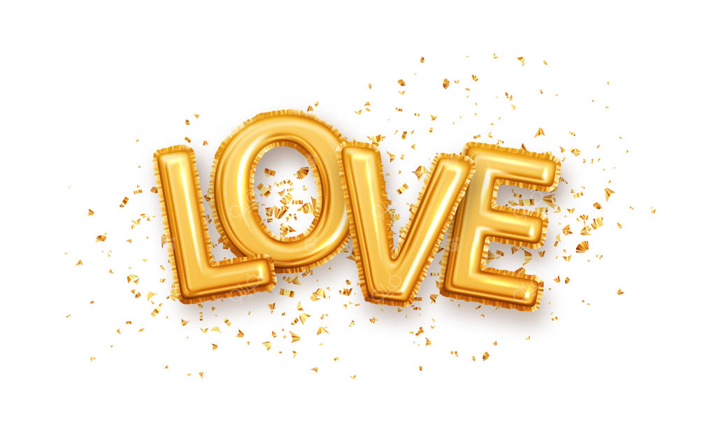 بادکنک‌های طلایی براق به شکل حروف عاشقانه. حروف طلایی روی زمینه‌ای از زرق و برق طلایی