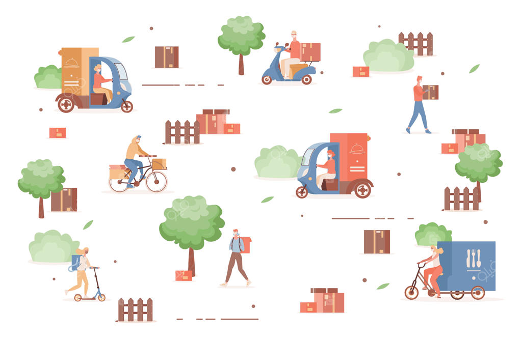 خدمات تحویل سریع آنلاین در دوران شیوع ویروس کرونا: موتورسیکلت‌ها، دوچرخه‌ها و کامیون‌های حامل غذا و کالا با ماسک در فضای باز (تصویرسازی تخت)