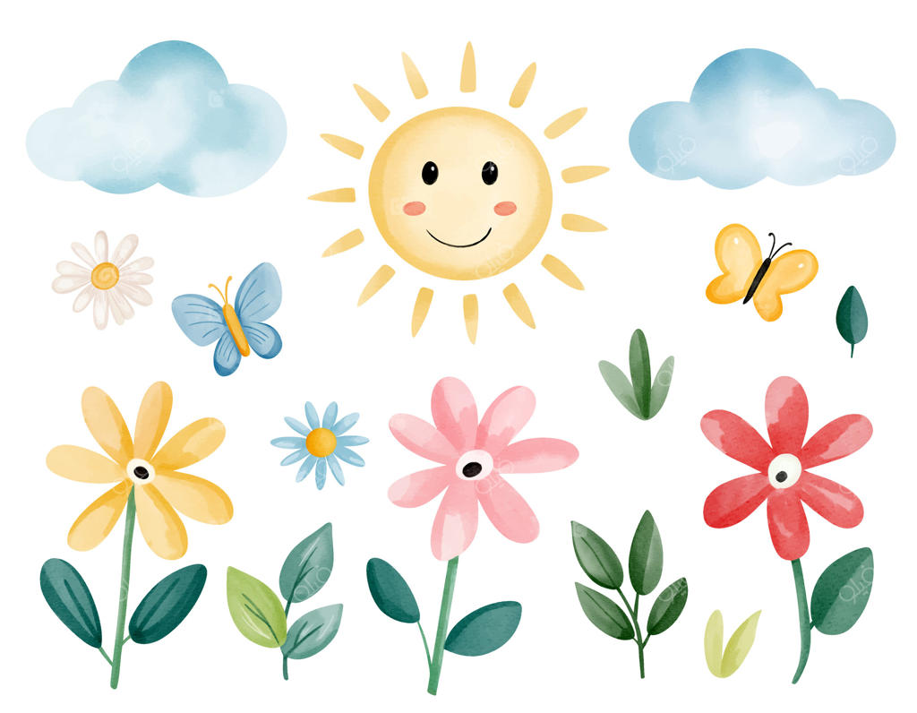 عناصر طبیعت آبرنگی به سبک کودکانه برای طراحی تابستانی، همراه با خورشید و ابرها و گل‌ها