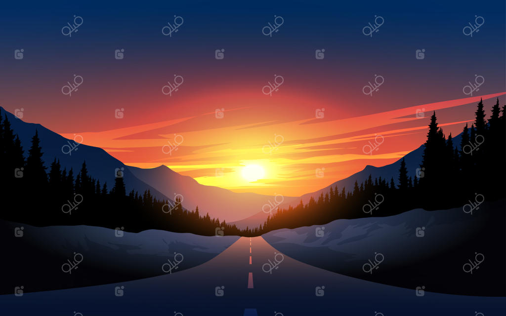 غروب طلایی بر فراز جنگل کوهستانی و جاده‌ای خلوت