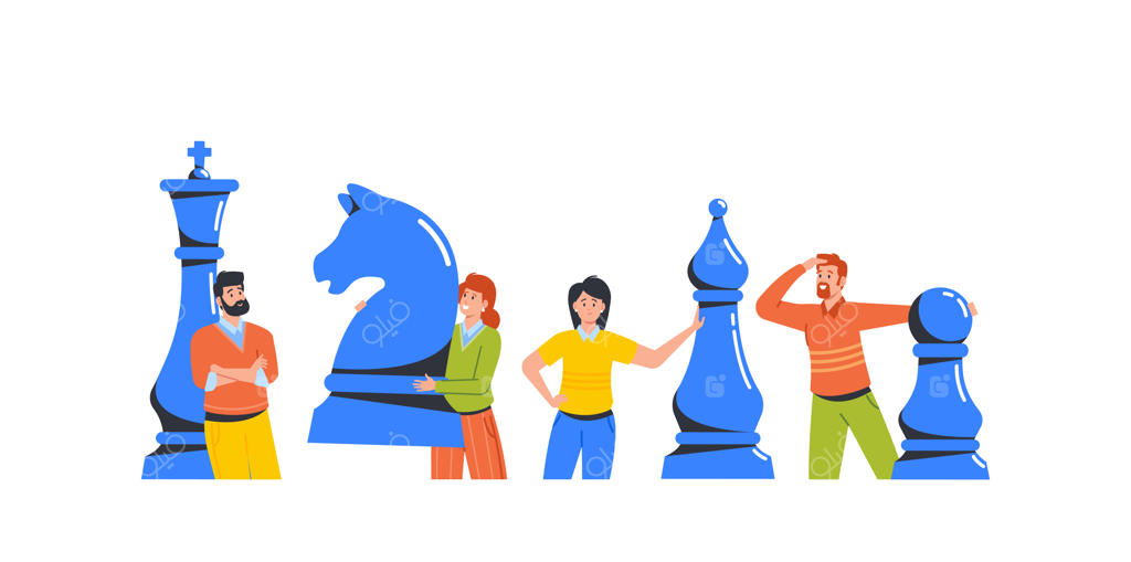 تیم کسب‌وکار در حال بازی شطرنج - بازی استراتژیک برای رشد رهبری کارآفرینان و مدیران زن و مرد