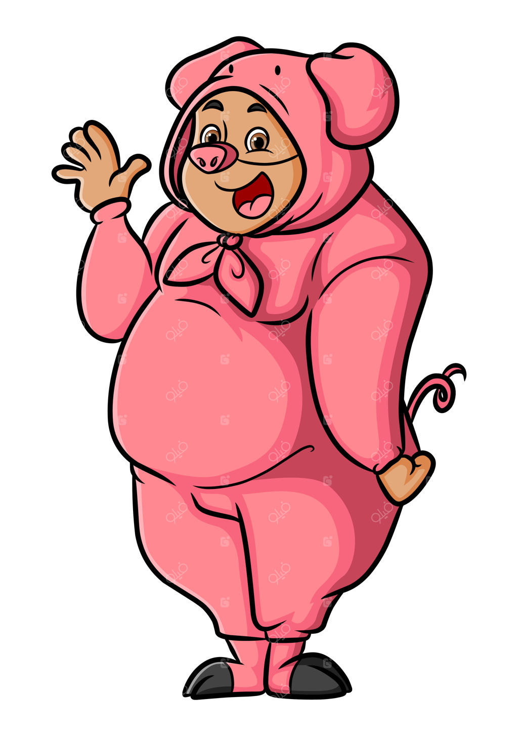 مرد شادی که لباس خوک پوشیده است دست تکان می‌دهد و سلام می‌کند