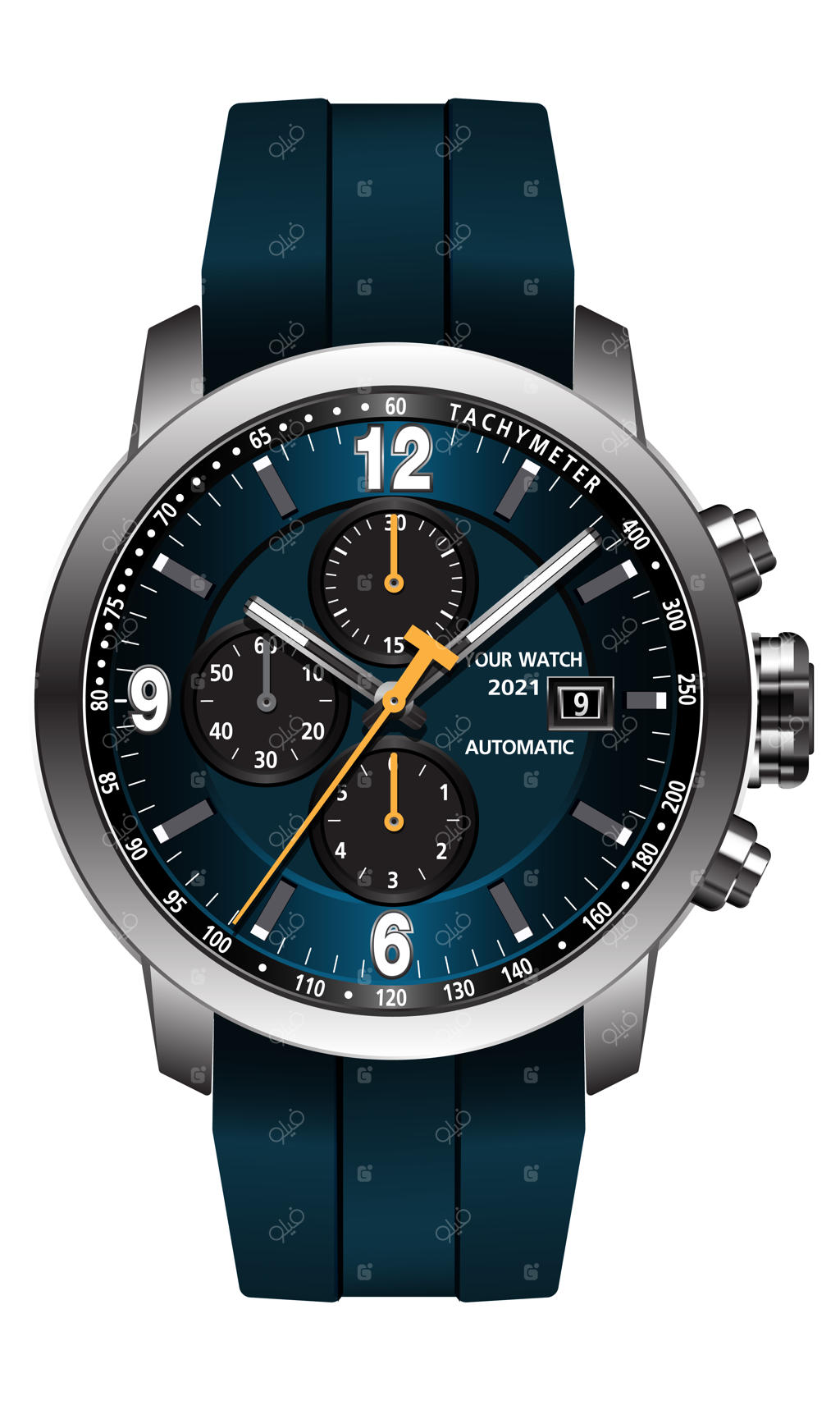 ساعت واقعی با صفحه آبی خاکستری، عقربه زرد و اعداد سفید روی بند فلزی و لاستیکی