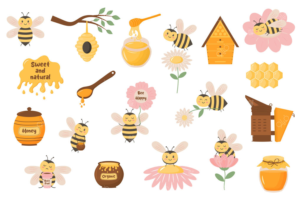 مجموعه کارتون زنبورداری: مجموعه‌ای از زنبورهای بامزه، کندو، عسل، بابونه‌ها، شانه‌های عسل و دیگر عناصر.