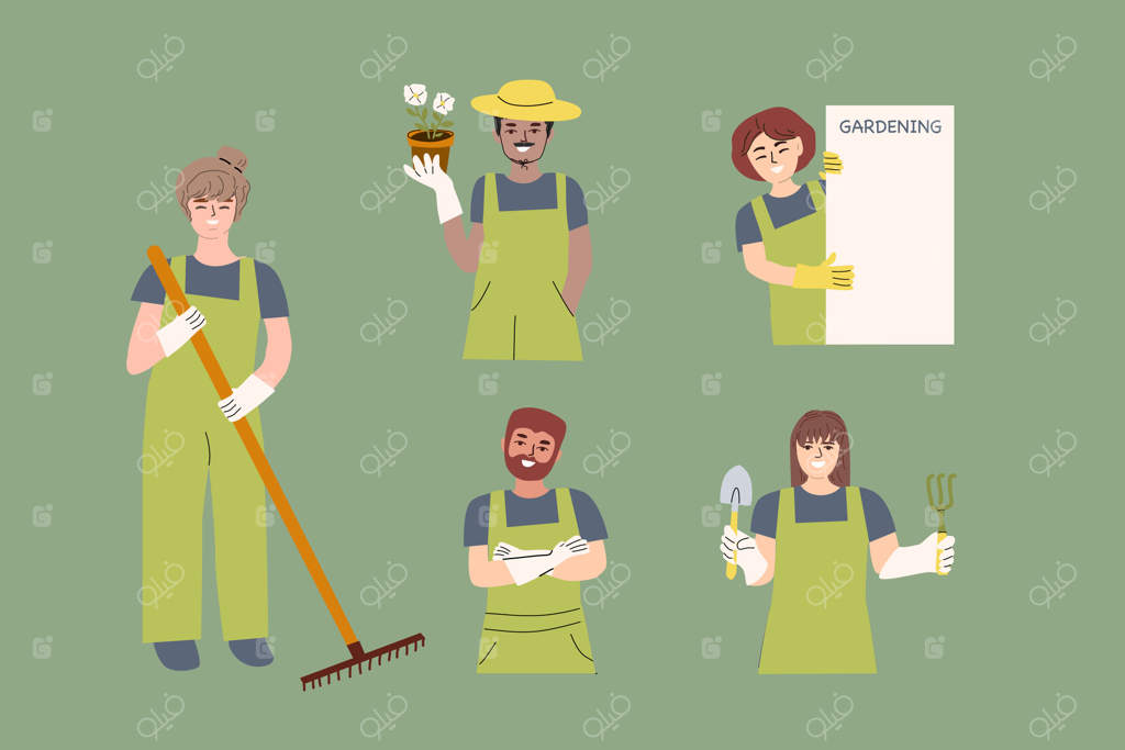 ابزارهای باغبانی و باغبانان متنوع با تجهیزات مختلف برای طراحی باغبانی